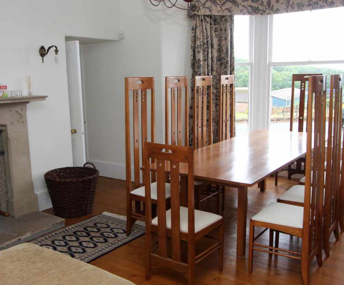 The dining room has a Charles Rennie Mackintosh design theme