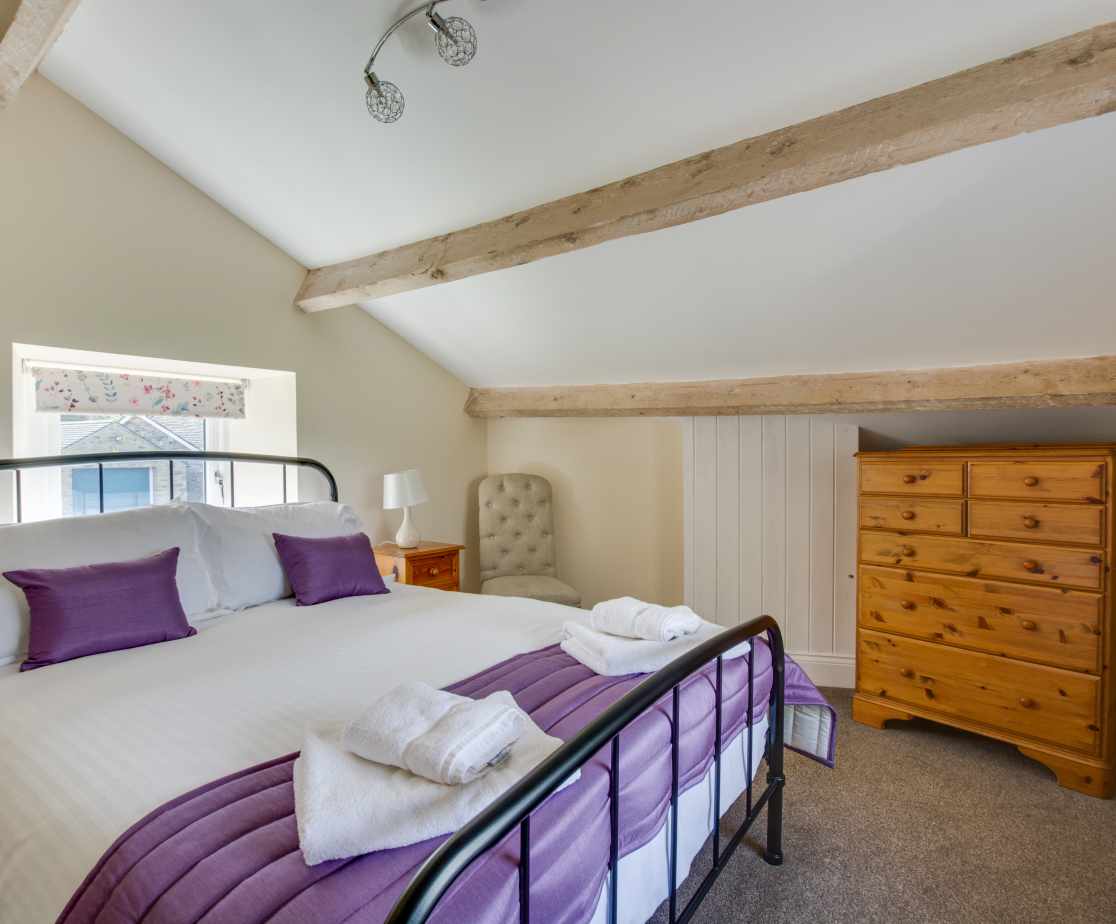 Double bedroom with beamed ceiling and views over the beautiful Wensleydale countryside