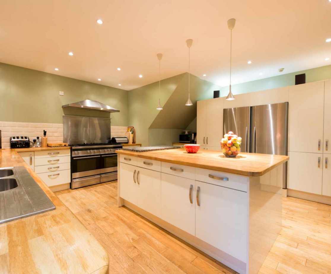 The beautiful kitchen is modern and well equipped